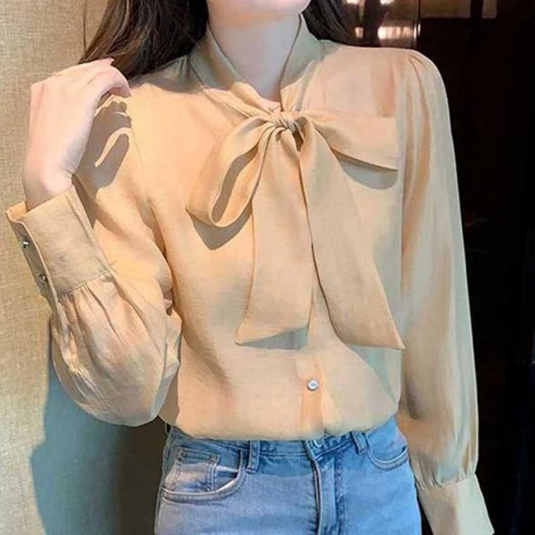 리본 쉬폰 블라우스 면접 용블라우스 가을 여성 여자 정장 하객 왕리본 실단추