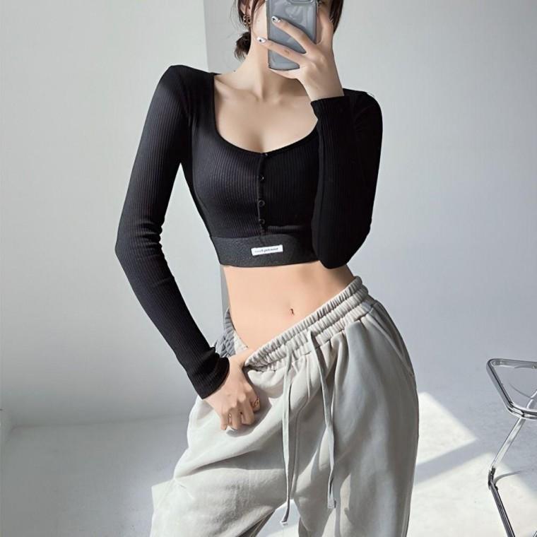 긴팔 크롭 골지 스퀘어넥 티셔츠 여성 의류 봄옷 여름옷 가을옷 데이트룩 나들이룩