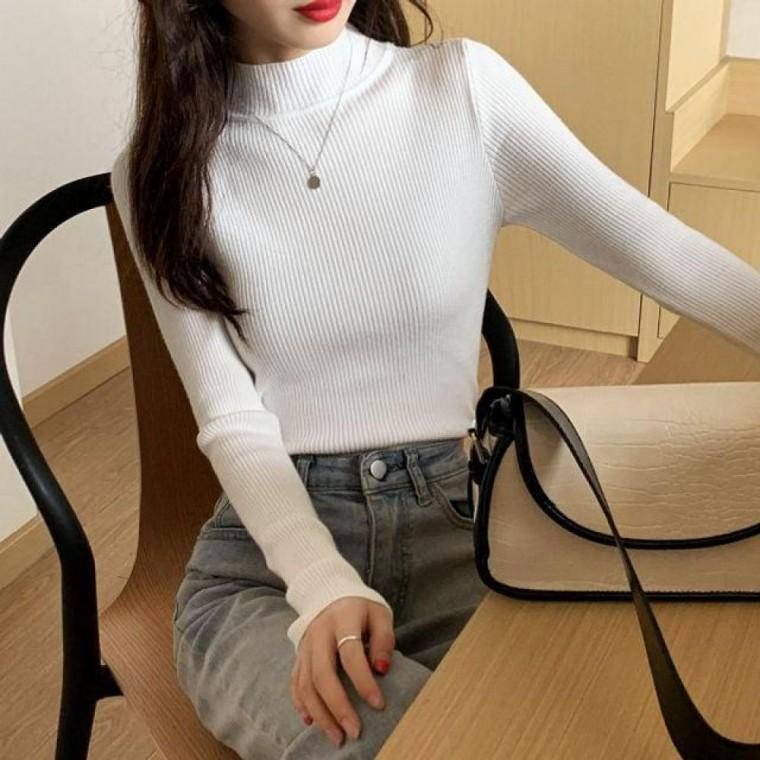 레온 골지 미드넥 니트 티 티셔츠 슬림핏 긴팔 가을 간절기