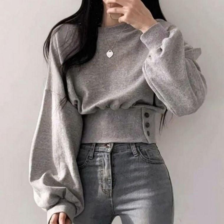 버튼 허리핏 크롭 맨 티셔츠 긴팔 맨투맨 간절기 가을