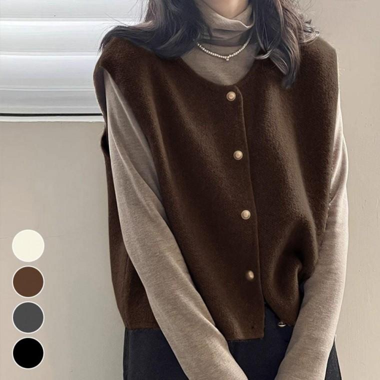라운드넥 금장 버튼 베스트 가을 니트 조끼 간절기 오버핏 단추 루즈핏 레이어드 정장