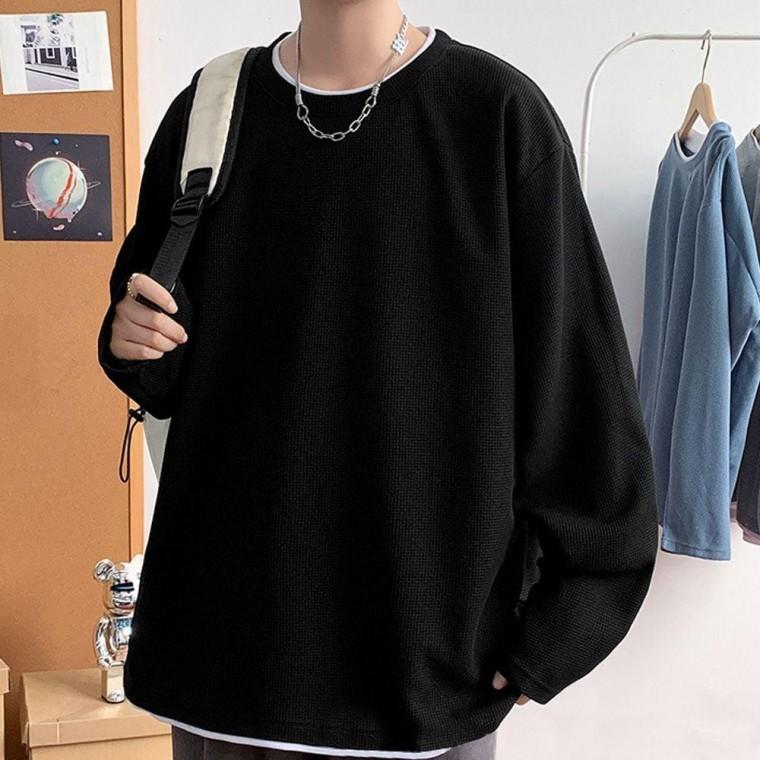와플 레이어드 긴팔티 남성 오버핏 라운드넥 티셔츠 남자 롱슬리브 가을 레이어드티 남자티