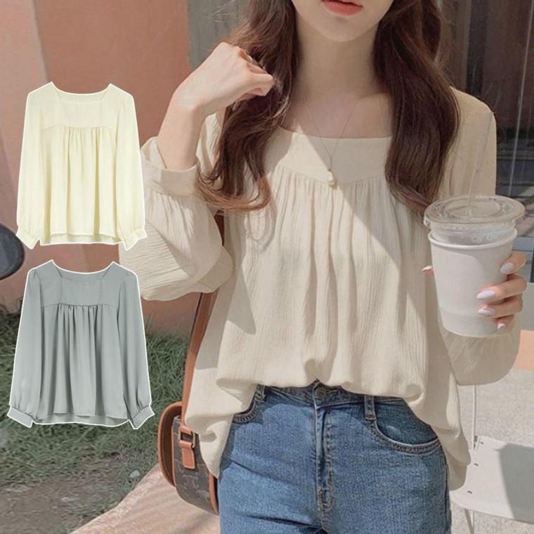 여성 긴팔 상의 쉬폰 스퀘어넥 봄 가을 블라우스 하객룩 프릴 셔츠블라우스 퍼프 여성상의