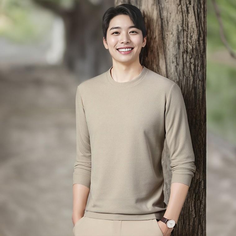남자 정장티 와플 라운드넥 긴팔티 봄 가을 긴팔 레이어드 면 티셔츠