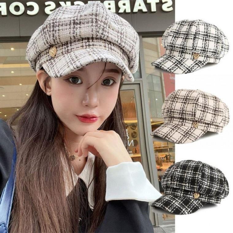 여성 체크무늬 예쁜 팔각모 가을 겨울 모자 뉴스 보이캡