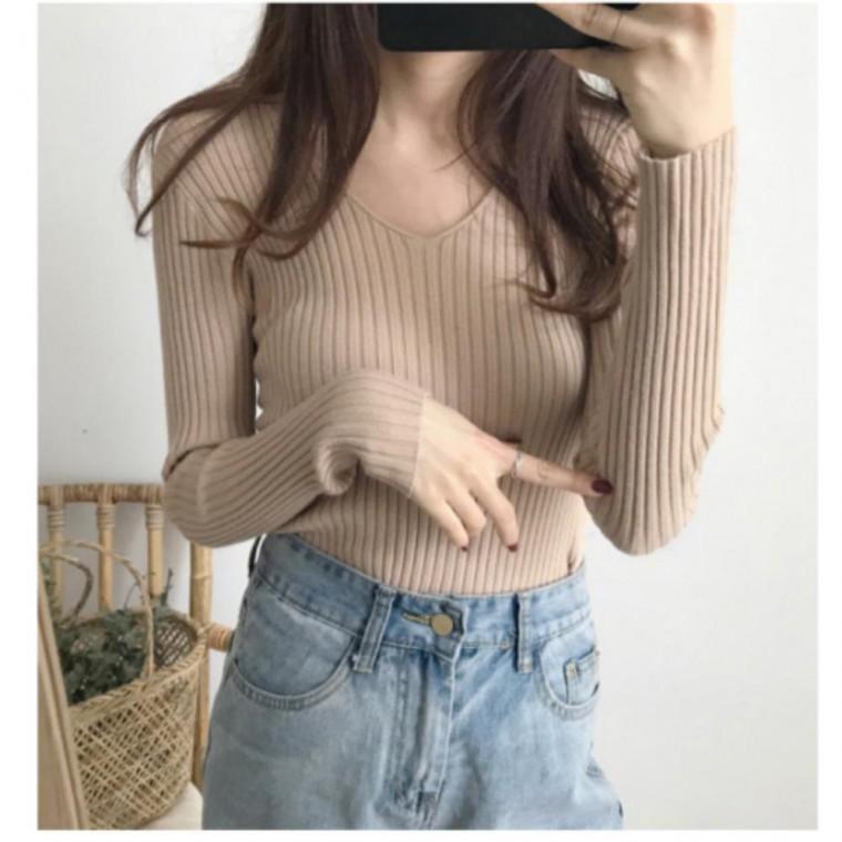 가을 니트티 골지 긴팔 여자 봄 니트티 슬림 브이넥