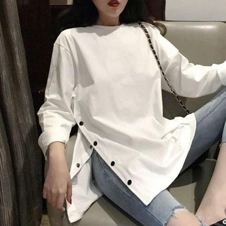 여성 봄 가을 티셔츠 옆트임 단추 긴팔 라운드티 여자 여름 커플티 반팔티 커플시