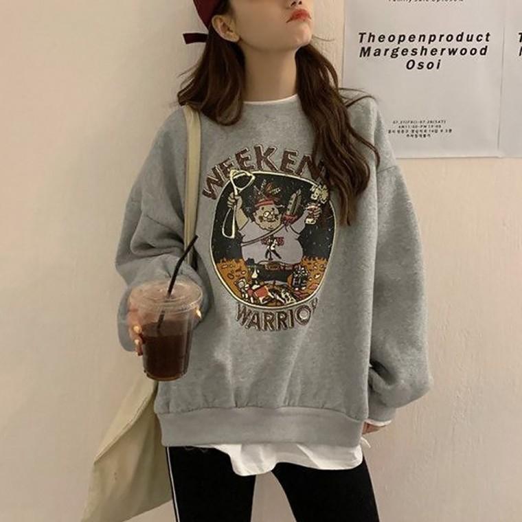 가을간절기 프린팅 캐주얼 루즈핏 기모 여성 맨투맨티