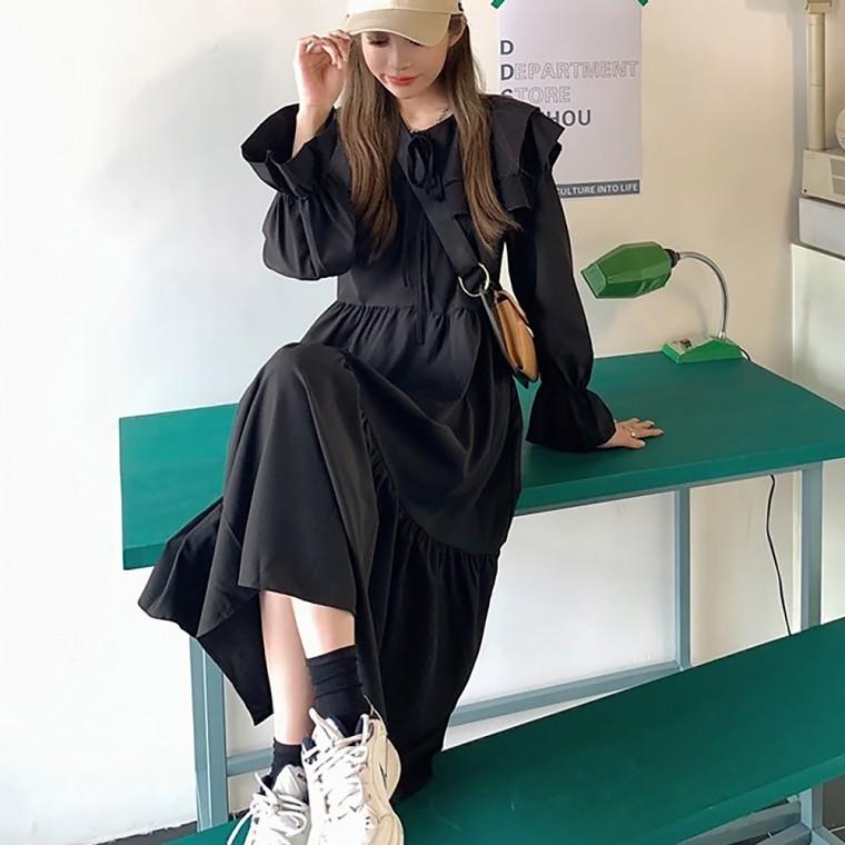 봄 가을 프릴 카라 데일리 블랙 베이지 캉캉 롱원피스