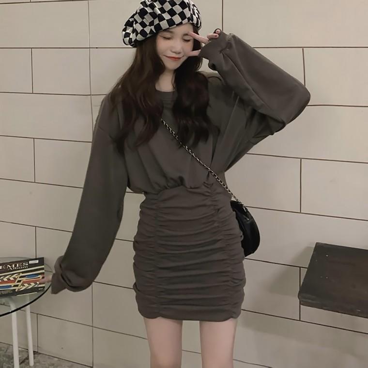 여성 루즈한 셔링 미니원피스 슬림핏 봄가을 꾸안꾸룩