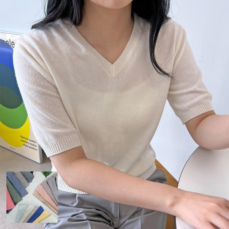여자 브이넥 반팔 니트티 스탠다드 데일리 가을 패션