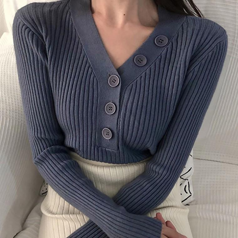 데일리 봄가을 슬림핏 여성 니트티 골지 단추포인트