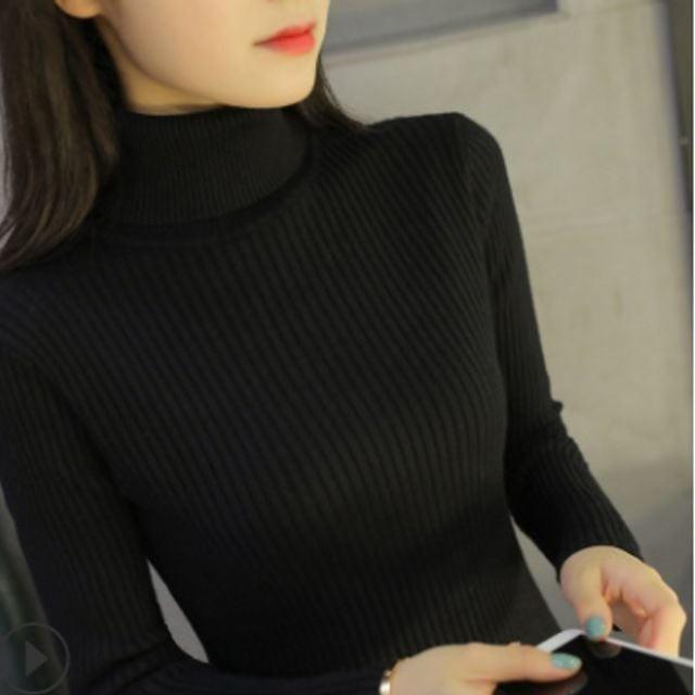 골지 SWEATER 목폴라 가을여성티셔츠 니트 티셔츠 스웨터 슬림핏 기본