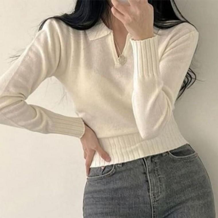 니트티 여성가을티셔츠 여자티셔츠 크롭 카라 여성티셔츠 여성티셔츠긴팔