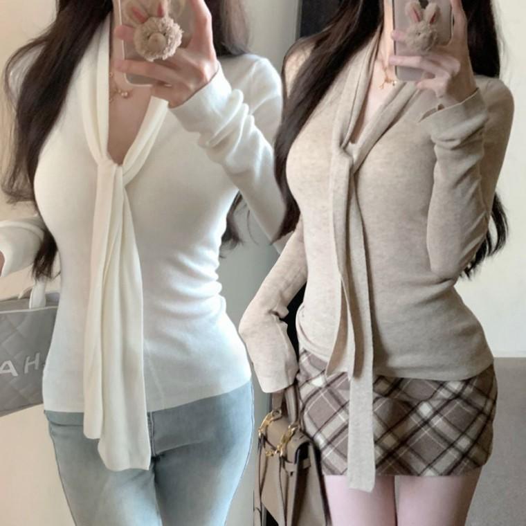 여성가을티셔츠 브이넥 슬림 여자티셔츠 라운드니트티 디자인 니트니