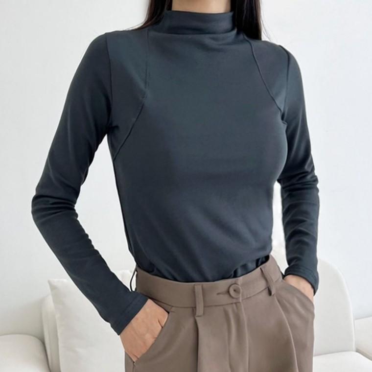 여성가을 반목 숄더라인 여성 긴팔 폴라 티셔츠 겨울 반목폴라 기모 여성옷