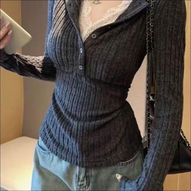 골지 봄가을 여자 레이스티셔츠 포인트티셔츠 슬림핏 긴팔 슬림티셔츠