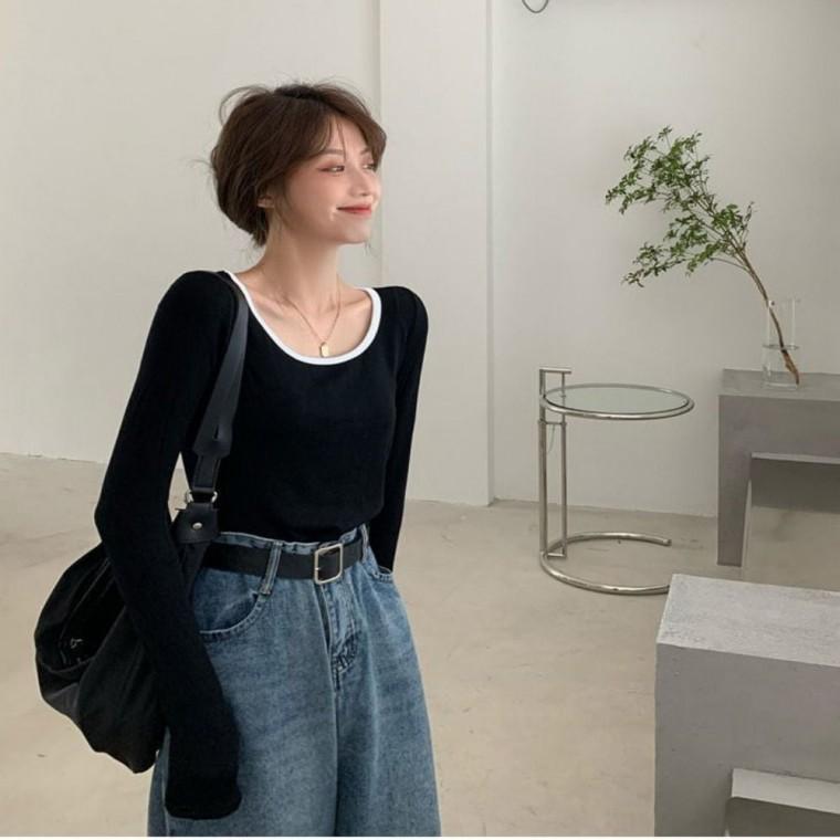 겨울니트 크롭배색 니트 넥라인 긴팔티셔츠 여성상의 간절기 가을니트