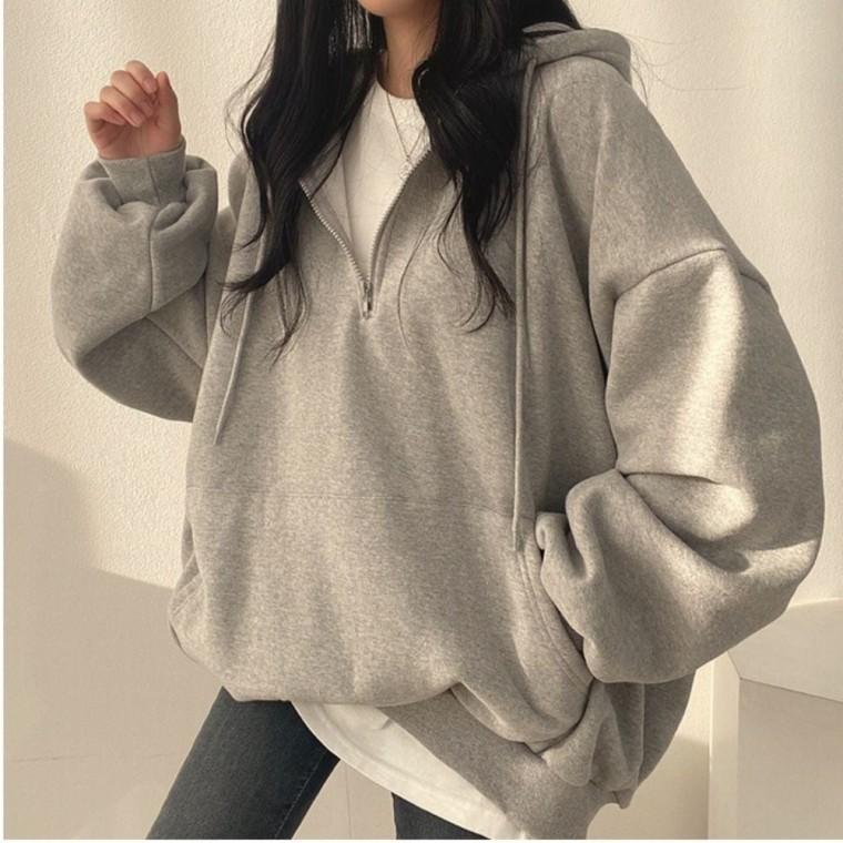 오버핏 티 기모 여성티셔츠 티셔츠 여성 가을 겨울 반집업 캐주얼 후드