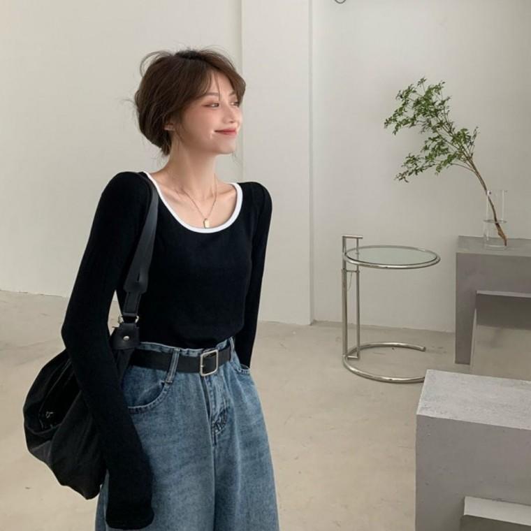 넥라인 니트 크롭 여성상의 가을니트 겨울니트 간절기 여자 여자상의 배색