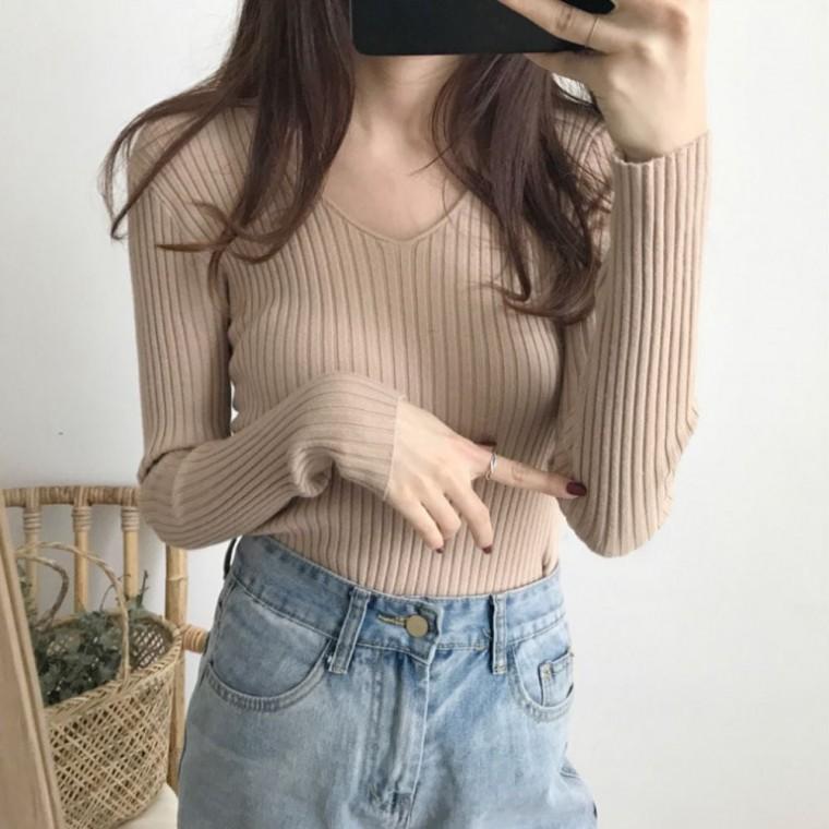 여성 숏 봄가을 여자 브이넥 티 골지 티셔츠 4컬러