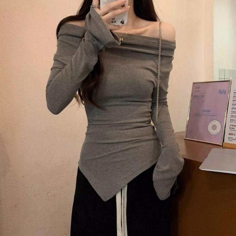 봄가을티셔츠 보트넥 오프숄더 셔링티셔츠 언발 여리핏 3컬러 여성 셔링