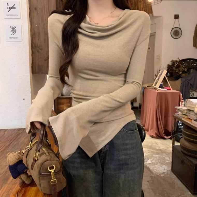 오프숄더티셔츠 페미닌티셔츠 셔링티셔츠 여성 봄가을티셔츠 셔링 언발 3컬러