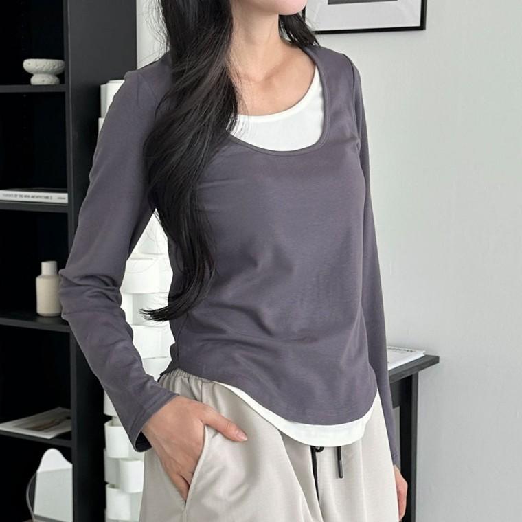 베이지티셔츠 티셔츠 배색 가을 레이어드 긴팔 스퀘어넥 여성티 레이어드티