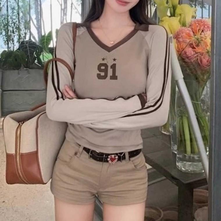 크롭반팔티 티셔츠 박스티 배색카라 여자오버핏반팔티 브이넥 여성가을티셔츠