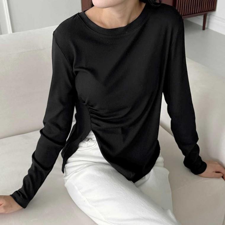 라운드넥 여자오버핏반팔티 여성가을티셔츠 앞셔링 이너티셔츠 여성면티 옆트임
