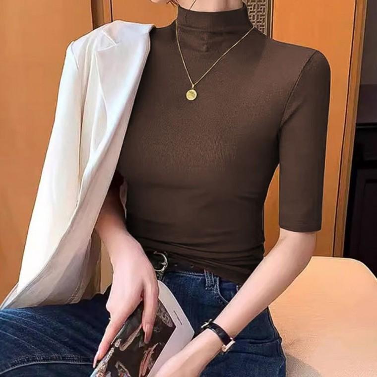 반팔면 프린팅반팔티 가을 5부 여자박스티 여자여름반팔티 반목 슬림 크롭탑