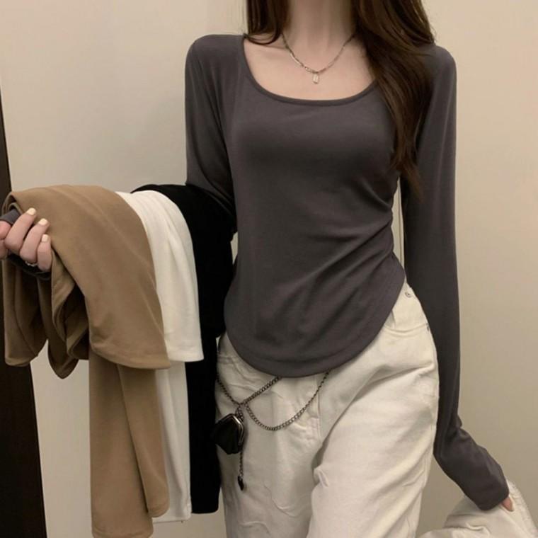 레이어드티 여성티셔츠 슬림핏 스쿱넥 크롭티 가을 데일리긴팔티 베이직