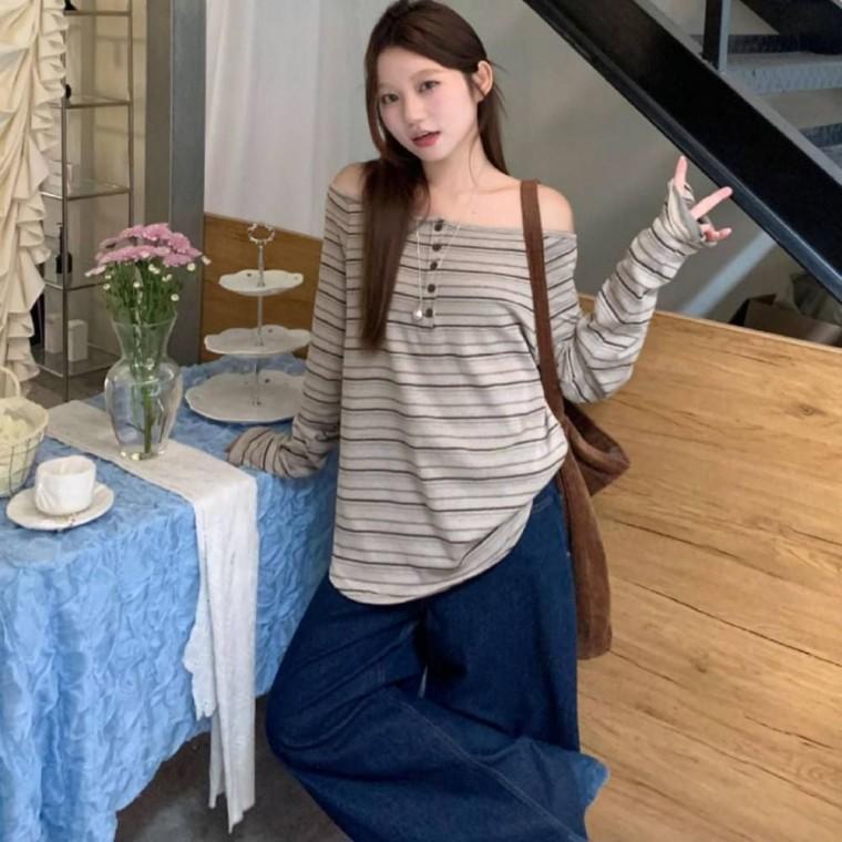 여성 편한긴팔티 여자가을티 레이어드티 스트라이프 기본티 슬림핏 오프숄더