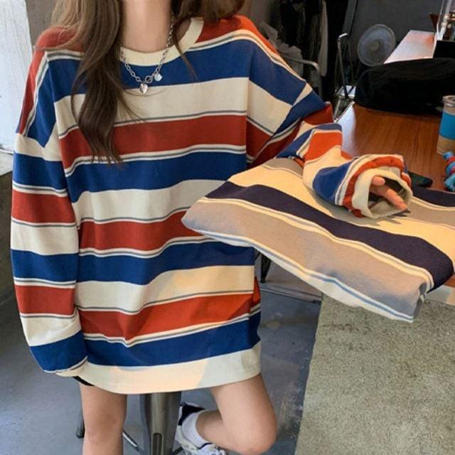 가을맨투맨 긴팔 긴팔티셔츠 맨투맨 편한 줄무늬티셔츠 루즈핏 여성 티셔츠