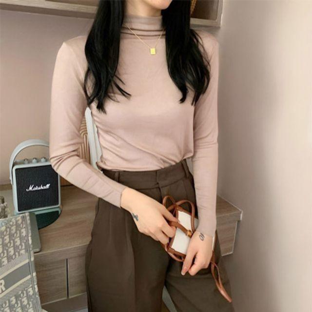 심플 목 여자 긴팔티 이너티 무지 목티 반 폴라 티셔츠 가을