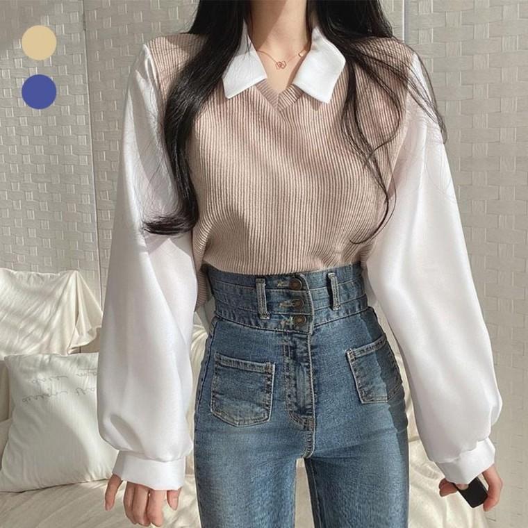 페이크 긴팔티 조끼 레이어드룩 여자 가을코디 셔츠 레이어드 페이크레이어드