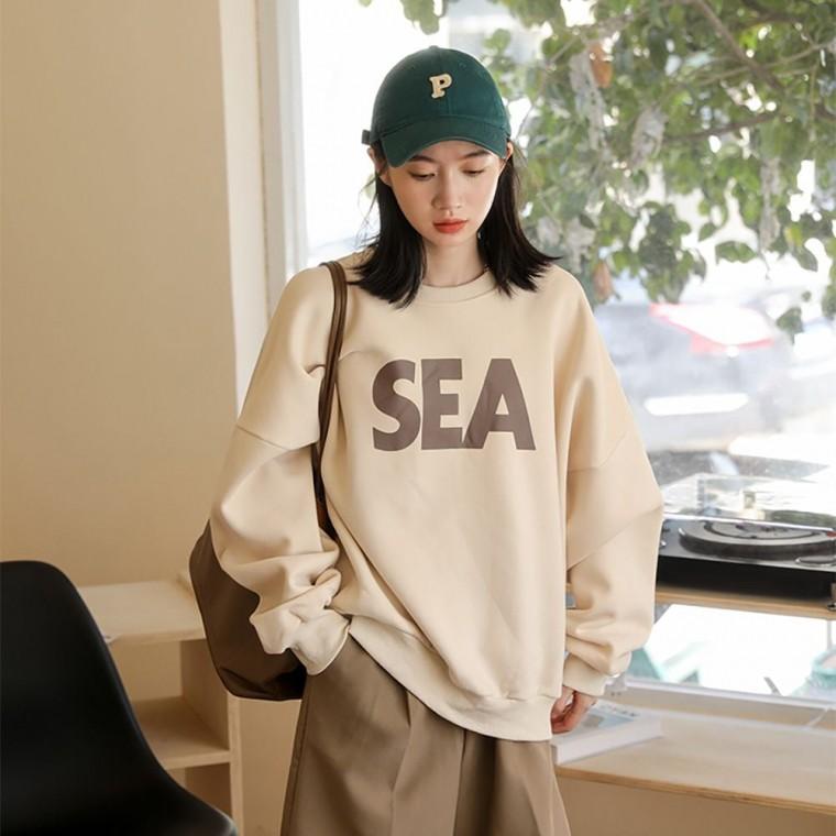 베이지 데일리 여자 기모 기모맨투맨 맨투맨 가을코디 긴팔 루즈핏