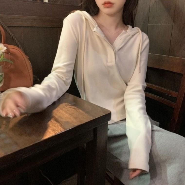 후드 얇은니트티 니트티 잠금 캐주얼 니트티셔츠 긴팔 여자 여성가을티셔츠