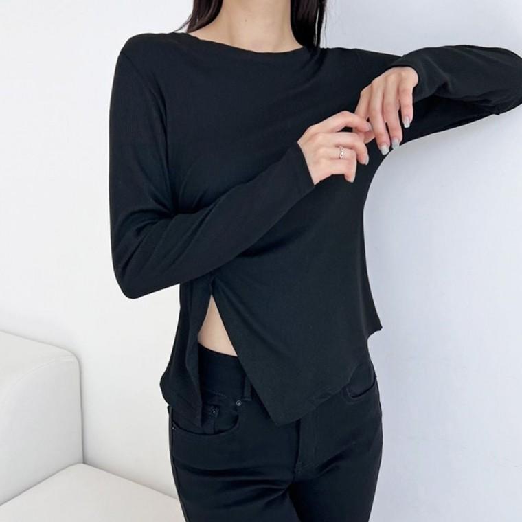 골지 가을 옷 긴팔 언밸런스 셔링 티셔츠 여자 여성