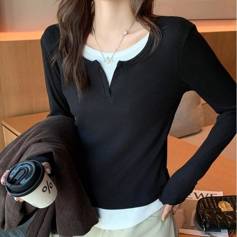 캐주얼 레이어드 가을 데일리웨어 여자크롭티셔츠 긴팔티셔츠 헨리넥티셔츠