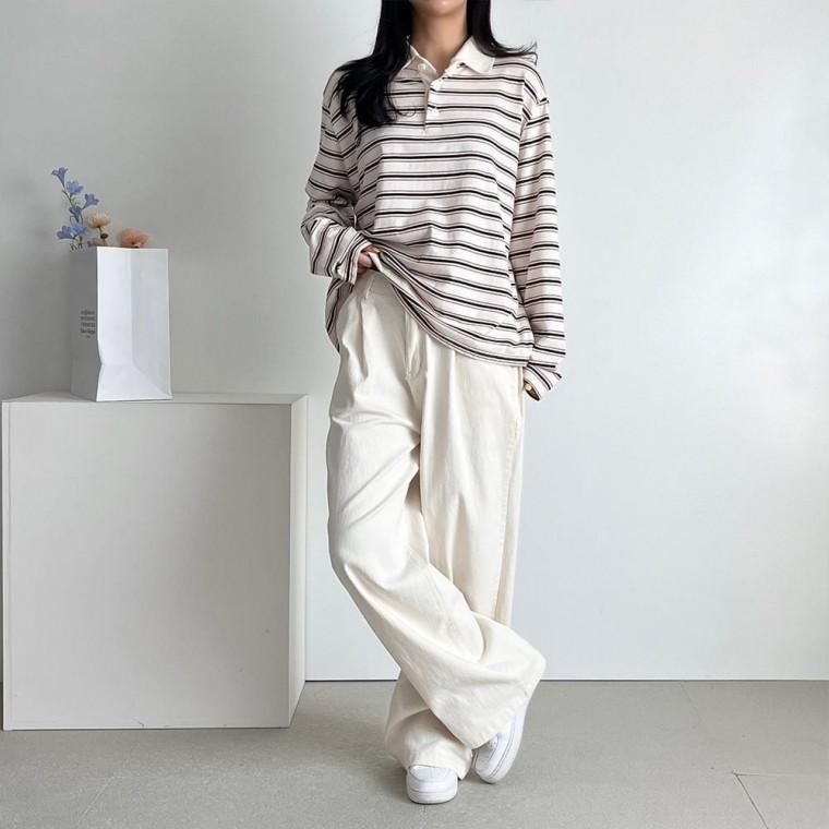 가을코디 봄코디 루즈핏 카라넥 긴팔티 캐주얼룩 여성 데일리룩 티셔츠