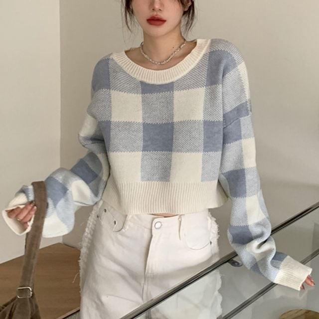 가을니트 루즈핏 데일리룩 블루 체크 체크무늬 여자옷 크롭티 겨울니트