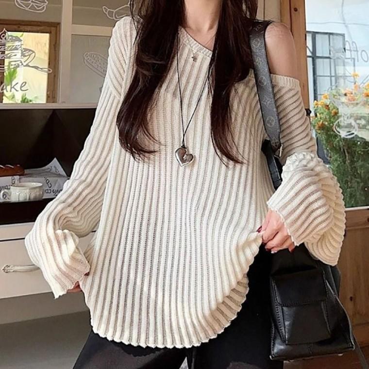 시스루티 박스티셔츠 봄가을티셔츠 루즈핏 보트넥 시스루 펀칭니트 펀칭니트티