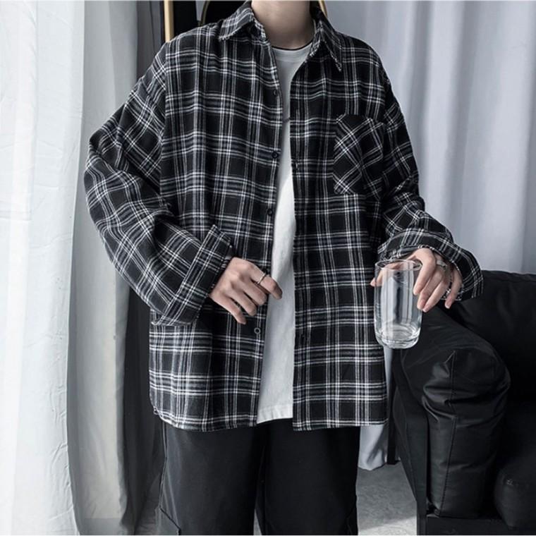 남자노카라셔츠 루즈핏 셔츠 남자 봄가을 체크남방 데일리 베이지셔츠 캐주얼