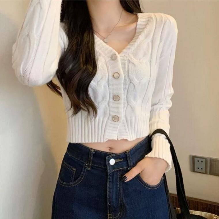 실용적인 패션아이템 여성 브이넥 케이블 크롭 가디건