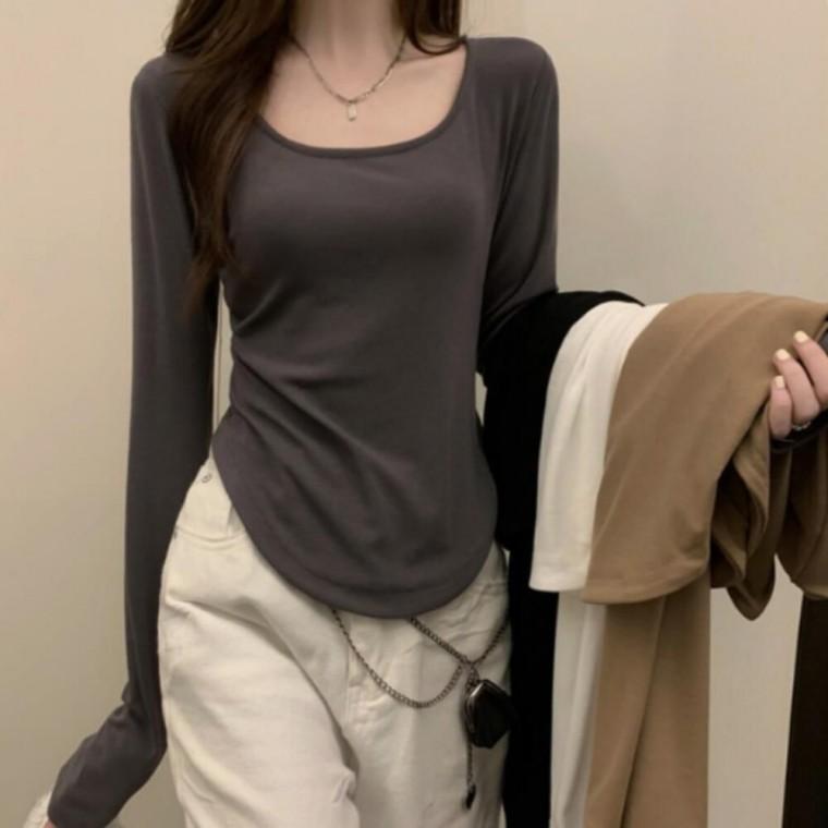 스퀘어넥 포인트 디자인 슬림 여성 캐주얼 긴팔티셔츠