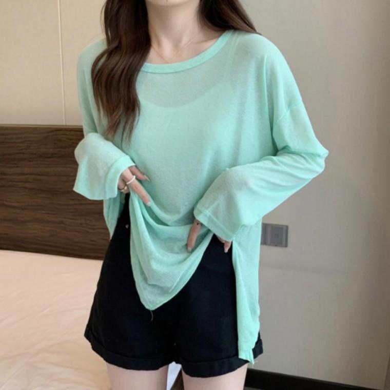 여름 여성 시스루 롱슬리브 슬릿 커버업 긴팔 티셔츠