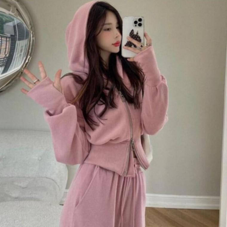 여성 후드집업 트레이닝 투피스 크롭 와이드 팬츠 세트
