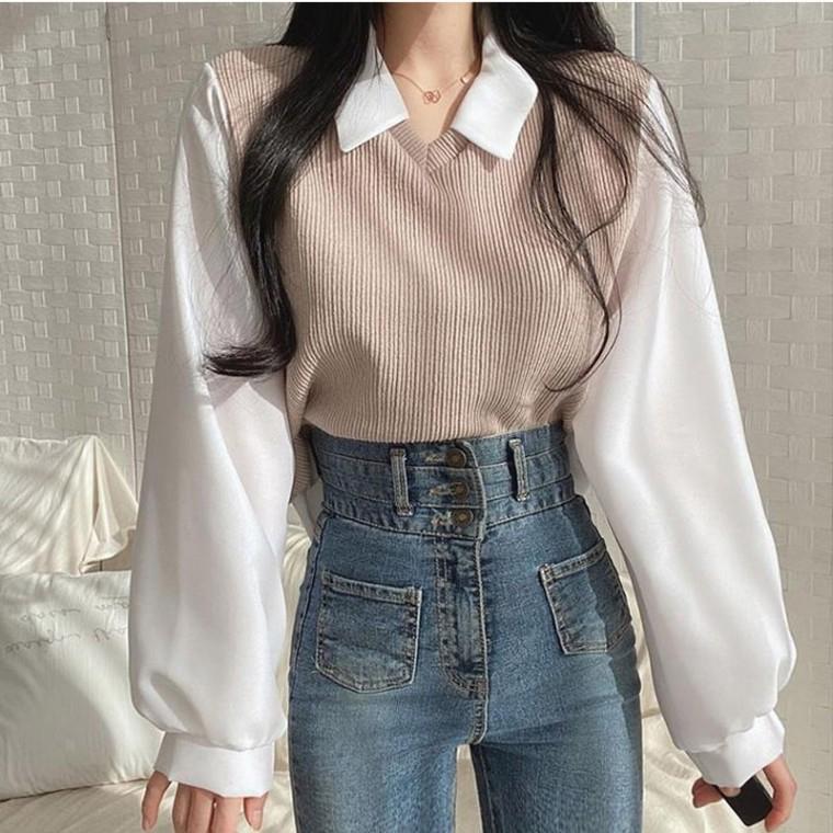 여성 블라우스 조끼 페이크 긴팔 티셔츠