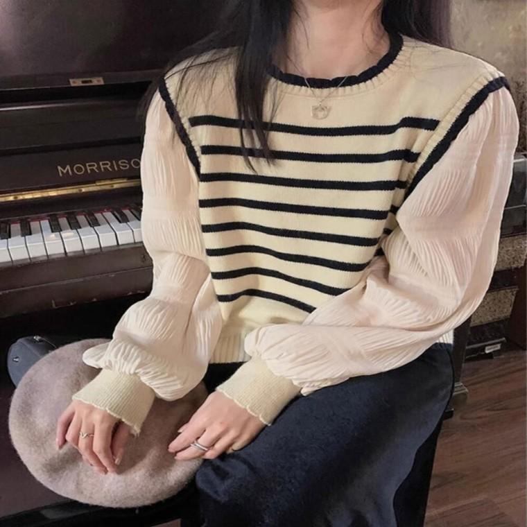 단가라니트조끼 퍼프소매 디테일 여성 플블라우스